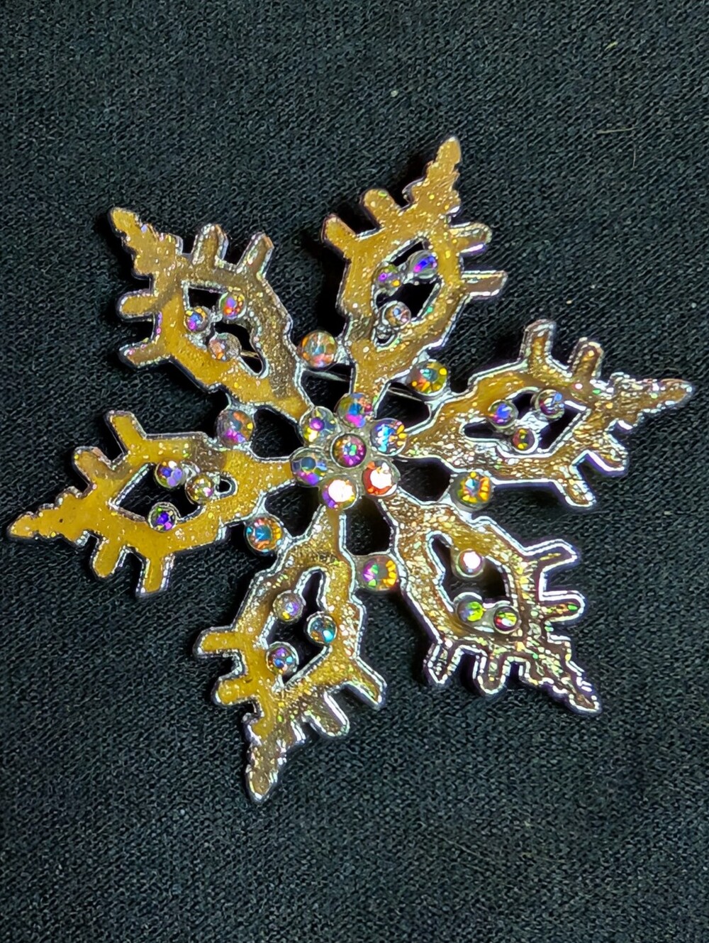Gold Snowflake Brooch with Multicolor Rhinestones